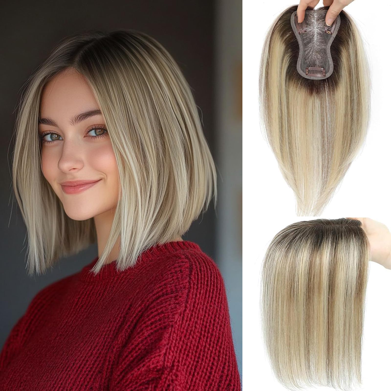 Hair Toppers for Women 10 Inch Hairpieces No Bangs Hairline Topper Wiglets Hairpieces for Thinning Hair Swiss Base Ombre Light Brown with Blond Highlight（2T613）