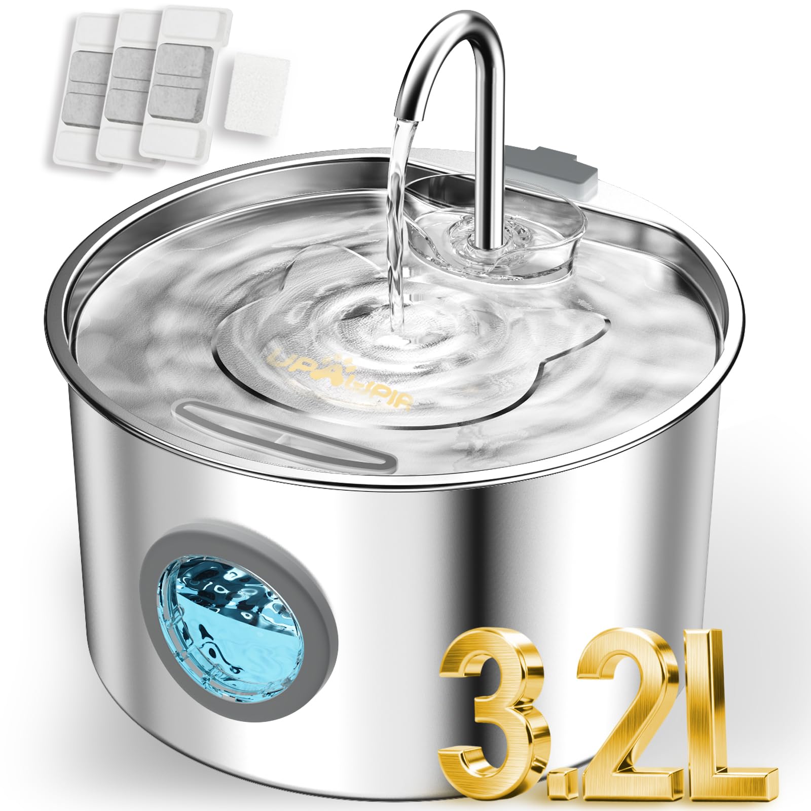 Photo 1 of 108oz/3.2L Stainless Steel Cat Water Fountain with Detachable Tank, Easy to Clean & Assemble, Pet Drinking Dispenser with Quiet Operation & LED Light, Gifts for Christmas, Cats, Dogs and Small Pets