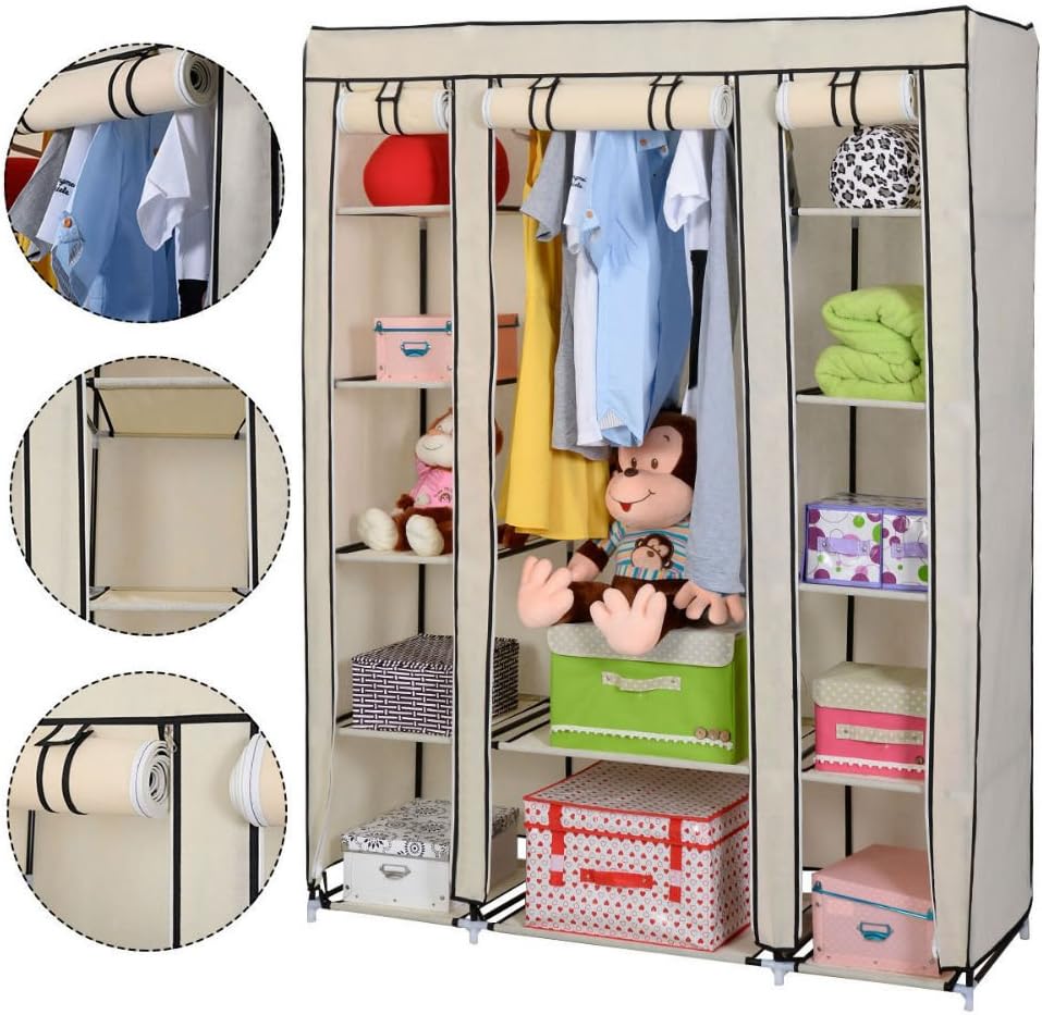 Beige Portable Closet Storage Organizer Wardrobe Clothes