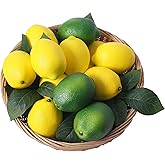 VEOAY Fake Fruit Artificial Lemons 24 Pcs, Faux Lemon Leaves 12 Pcs Lifelike Fake Lemon Decor for Kitchen Table Cabinet Party Plastic Fruits Photography Prop