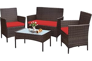 PROHIKER 4 Piece Outdoor Wicker Patio Conversation Furniture Set, Rattan Chair Wicker Sofa Garden Conversation Sets with Cushion and Glass Table for Yard Pool or Backyard, Brown/Red