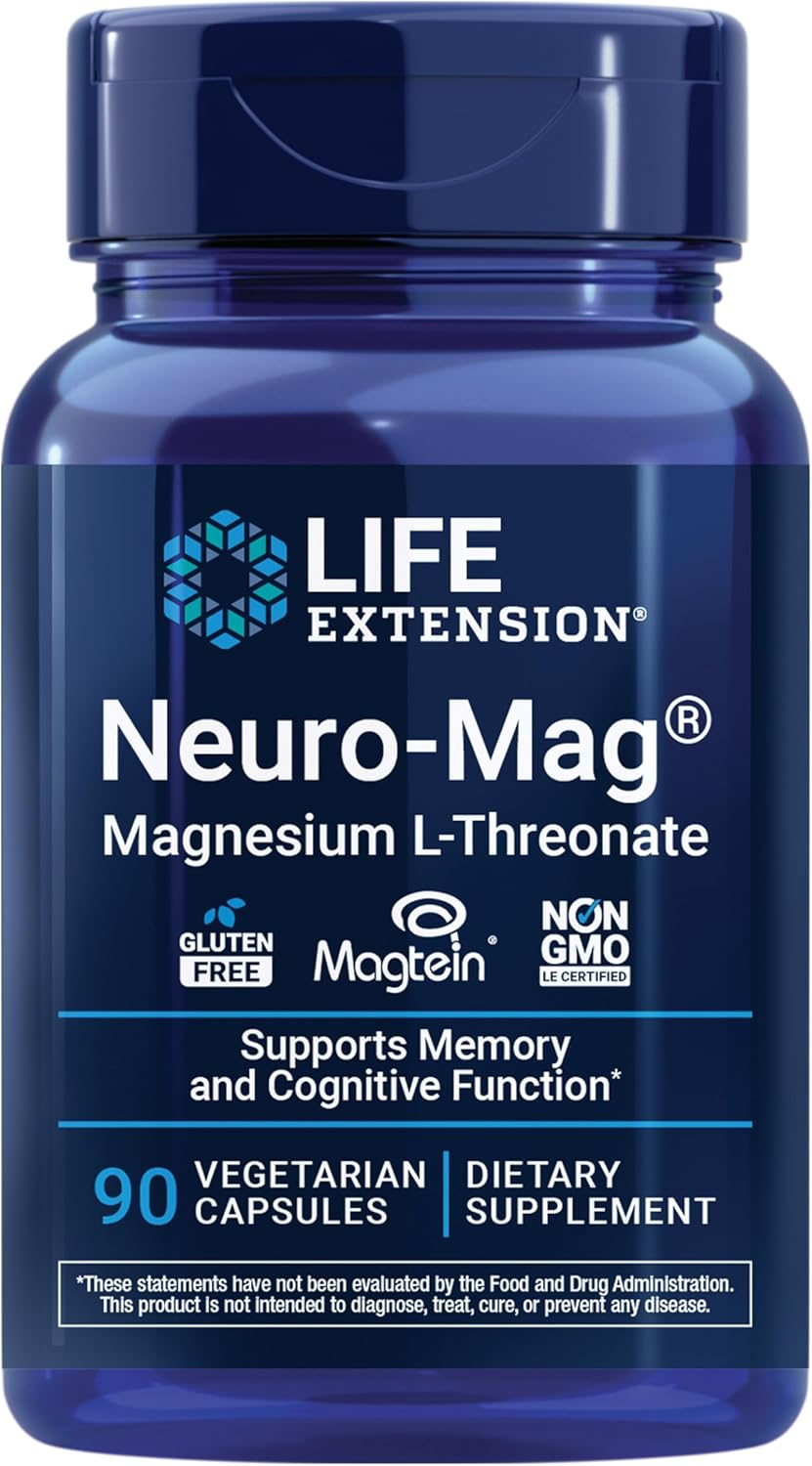 Life Extension Neuro-Mag Magnesium L-Threonate, Memory Health, Quick Thinking, Cognitive Health Support, Vegetarian, Non-GMO, 90 Vegetarian Capsules (144 mg from 2000 mg Magtein magnesium L-threonate