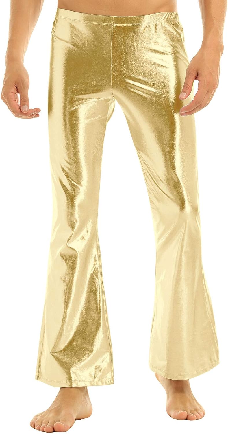YiZYiF Men's PVC Leather 60s 70s Shiny Metallic Long Pants Bell Bottom Flared Trousers: Clothing