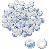 PATIKIL 50 Pcs Ceramic Beads for Jewelry Making, 10mm Flower Printed Round Porcelain Beads Handmade Glazing Beading Supplies for Earring Necklace Bracelets Crafts, Light Blue Plum Blossom