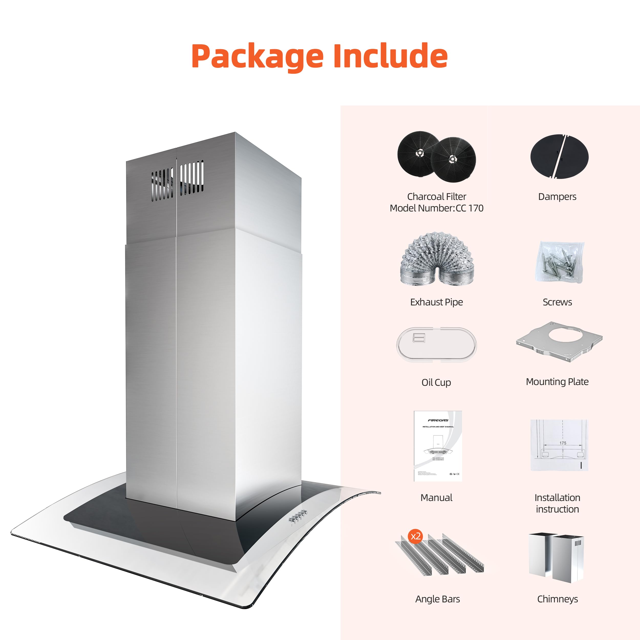 FIREGAS Island Range Hood 30 inch with 700 CFM, Ceiling Mount Kitchen Vent Hood Ducted/Ductless Convertible, Stainless steel stove hood with 3 speed fan, 4 lights, Tempered Glasss, Charcoal Filters