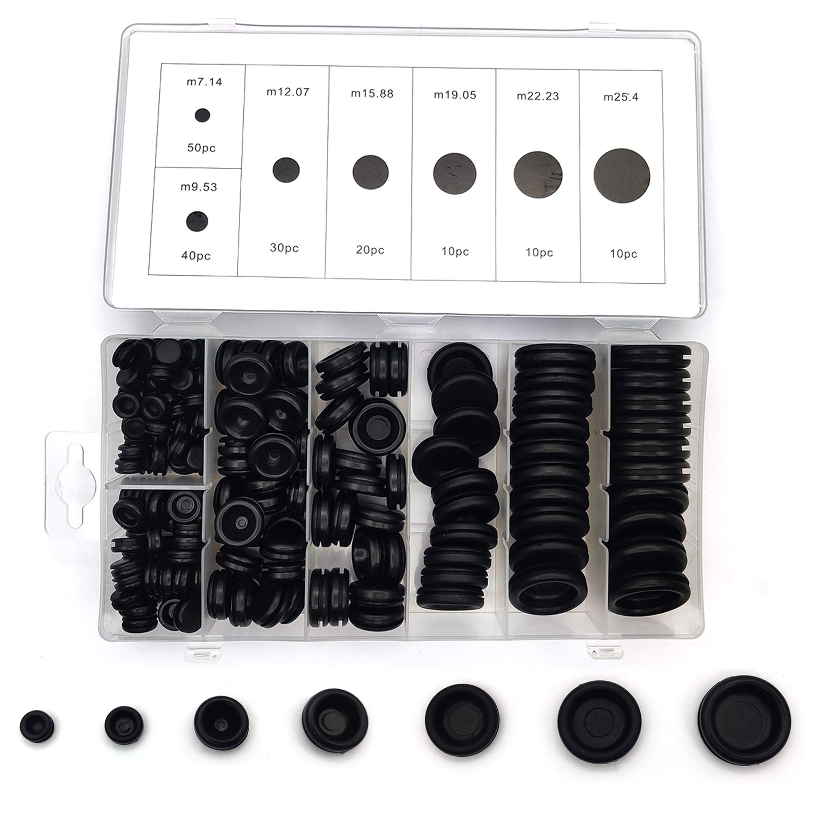 170 Pcs Rubber Grommets Kit, 7 Sizes Black Rubber Electrical Wire Cable Hole Plugs Gaskets Grommets Assortment, Conductor Gasket Ring Grommets for Car, Plumbing, Cables Plugs (170pcs black)
