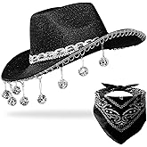 JIANGLAI Pink Disco Cowgirl Hat with Bandana,Glitter Rhinestone Disco Ball Cowboy Hat for Women Men Costume Cosplay