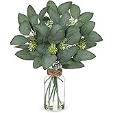 Hollyone 16.1" Artificial Eucalyptus Stems with Glass Vase with Faux Water Fake Plant Eucalyptus in Vase for Home Decor Greenery Plants Wedding Bathroom Office Table Centerpiece Shelf Decorations