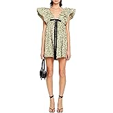 Women's Floral Bow V Neck Babydoll Mini Dress Flower Print Puffy Sleeve Boho Short Casual Loose Flowy Dresses