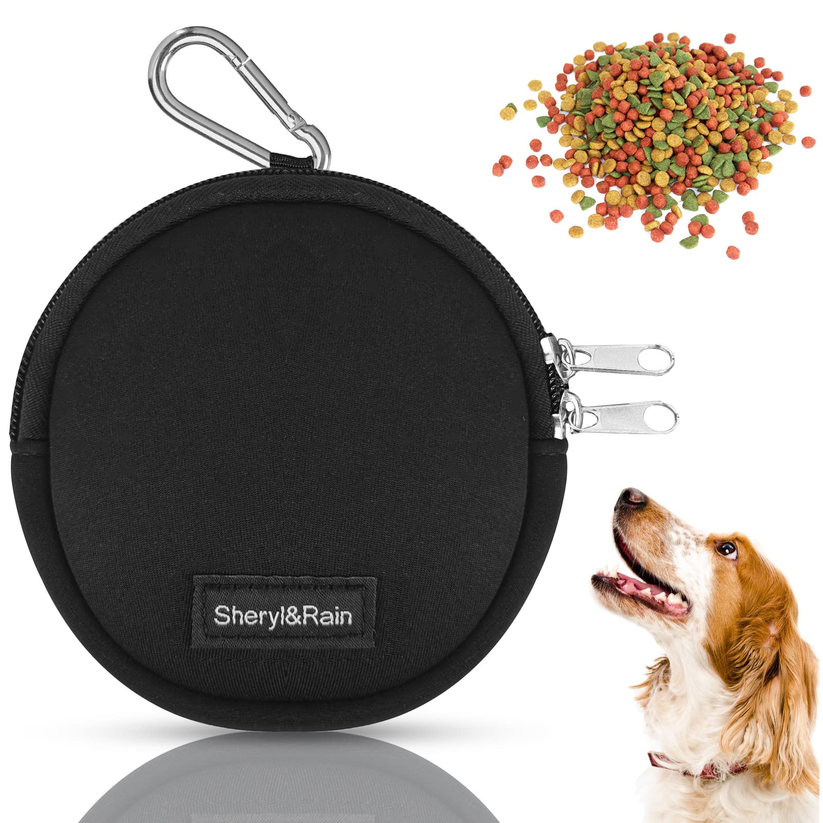 Sheryl&Rain Small Dog Treat Bag, Puppy Dog Training Pouch with Zipper Closure, Hands-Free Training Dog Treat Pouch, Includes Carabiner, for Pet Puppy Walking, Travel or Outdoor Use (Black | Round)