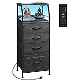 WLIVE Nightstand with Charging Station, Black Night Stand with LED Light, Tall 4 Drawer Dresser for Bedroom, 37" H Bedside Table with Fabric Storage Bins, Open Wood Shelf, Metal Frame