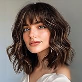 ENTRANCED STYLES Brown Highlight Wig with Bangs for Women Short Wavy Curly Brown Bob Wigs Medium Length 14 inch Synthetic Hair for Daily Party Use