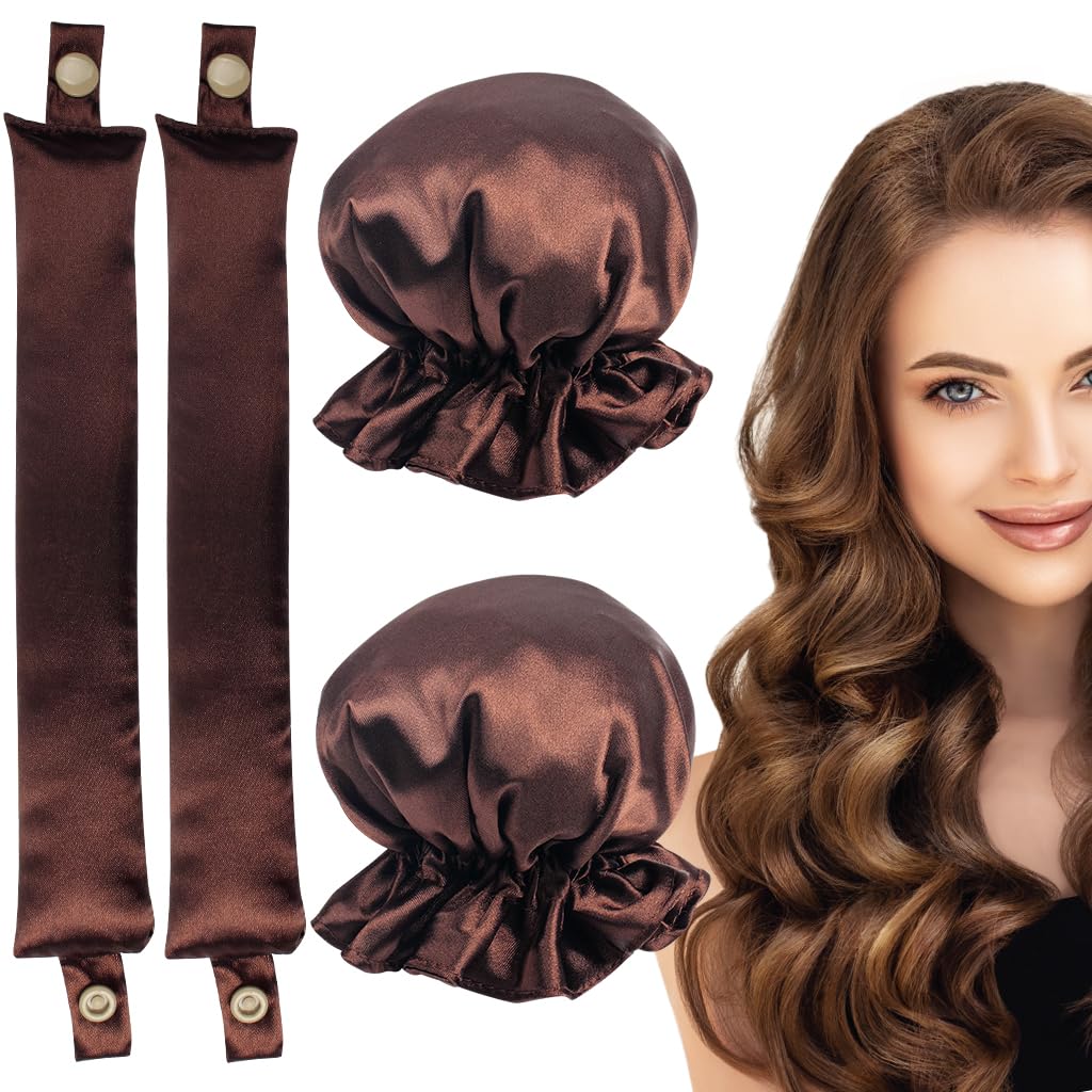 Heatless Hair Curlers, No Heat Curling Rod With Soft Satin Caps for Long & Medium Hair, Sleep In Curling Kits of 2 Pieces for Women Girls, Lazy DIY Styling Tools Brown
