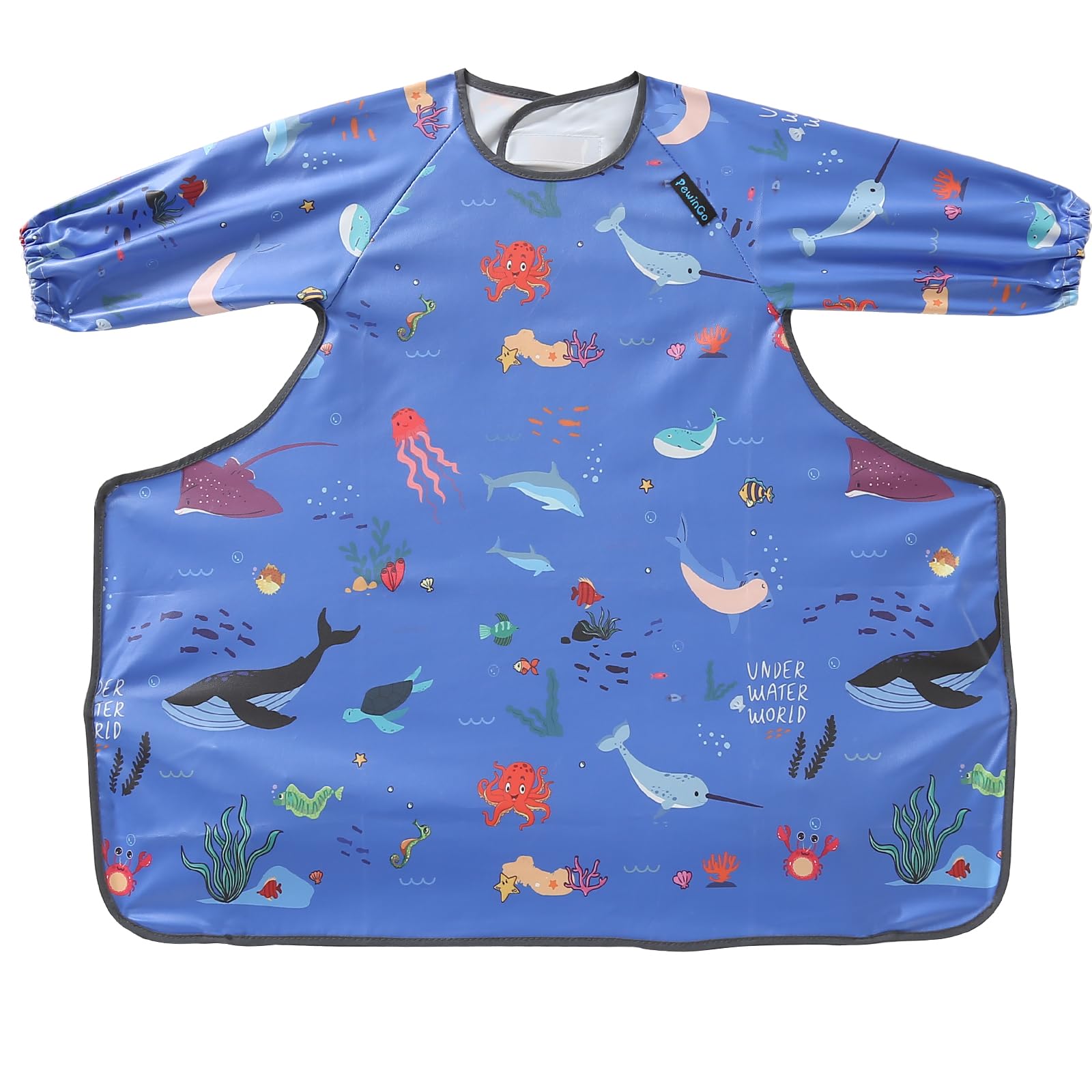 PewinGo Weaning Bib Attaches and Fully Cover to Baby Highchair, Long Sleeves Bib with Waterproof, Comfortable,Machine Washable, Suitable for BLW 6 Months to 30 Months -Blue