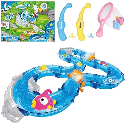 iBaseToy Angelspielzeug für Kleinkinder, buntes schwimmendes Badespielzeug mit Wasserspur, Fischen, 2 Fischstraßen und mehr -
