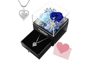 WALFITE Well-Preserved Everlasting Garden Rose with Necklace,Eternal Love is a Romantic Gift for the Beloved Girl, and Also a Birthday Gift for Mothers,Wives, Valentine's Day,Women's Birthday Gift（Blue）