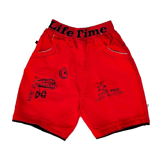 red and blue denim shorts