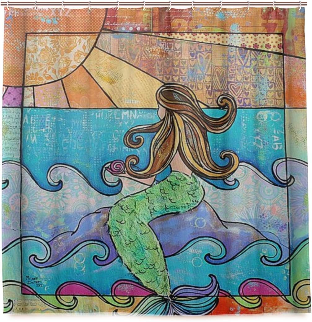 Amazon Ninehasa シャワーカーテン 防水 ポリエステル 風呂カーテン 浴室 おしゃれ かわいい 人魚 の海のカラフルな芸術的な特別なユニークなイラスト漫画 取付簡単 浴室 間仕切り カーテンリング付属 シャワーカーテン ホーム キッチン オンライン通販