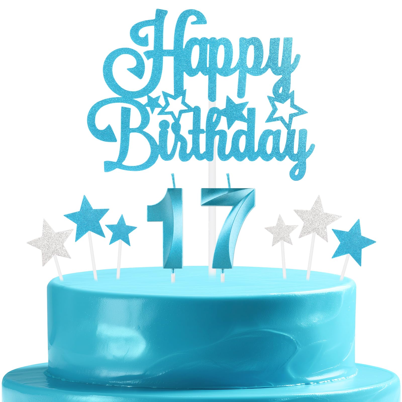 mciskin Blue Birthday Candles Set,Girl Boy 17th Birthday Decorations,Number 17 Candle for Cake,Blue Candles Cake Toppers with Star for Girls Boys Birthday Party Anniversary Decorations