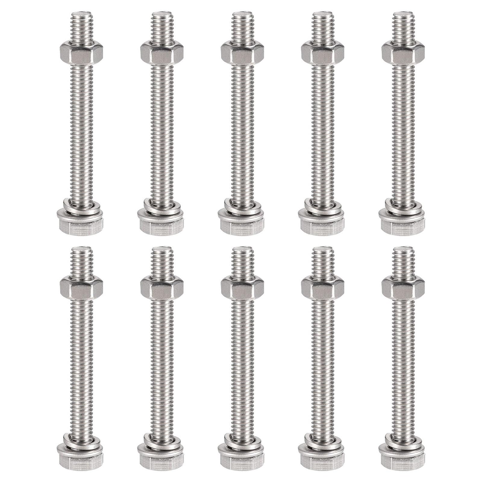 TOP-VIGOR 10Pcs M6 x 60mm Hex Head Screws Bolts, Nuts, Flat & Lock Washers Kits, 304 Stainless Steel Fully Thread Hexagon Bolts for DIY Bike Motorcycles Repair