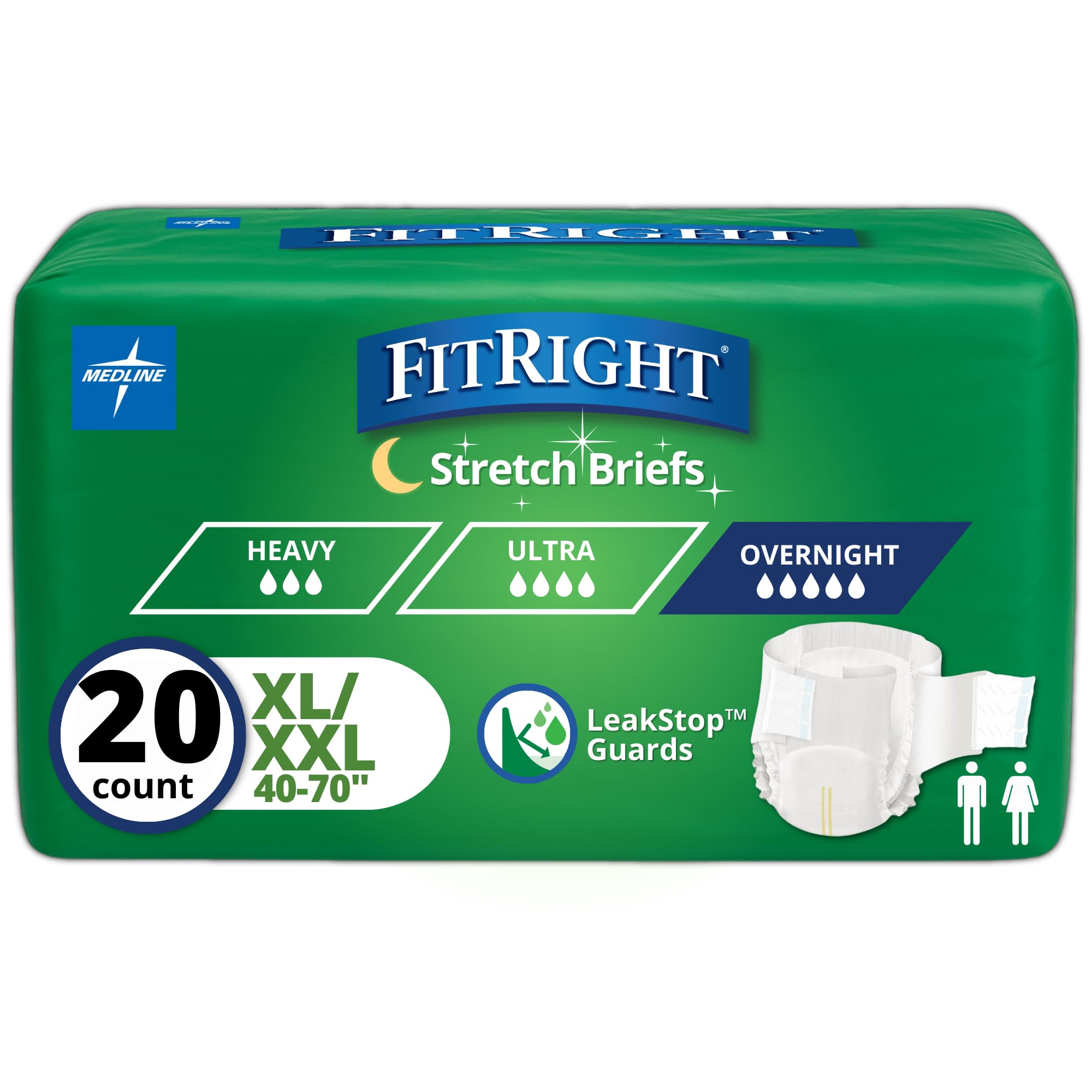 Medline FitRight Extended Wear Stretch Briefs, Overnight Adult Diapers ...