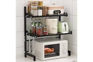 SOAKSEA Extendable Microwave Oven Rack, 3-Tier Adjustable Microwave Shelf with 8 Hooks, 14.2 ''- 24.4 '' L Microwave Stand Countertop, Kitchen Over Microwave Shelf with Suction Cup Foot, Microwave Rack Black