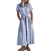 chouyatou Women's Summer Short Sleeve Striped Maxi Long Shirt Dress Boho Business Casual Cotton Dresses