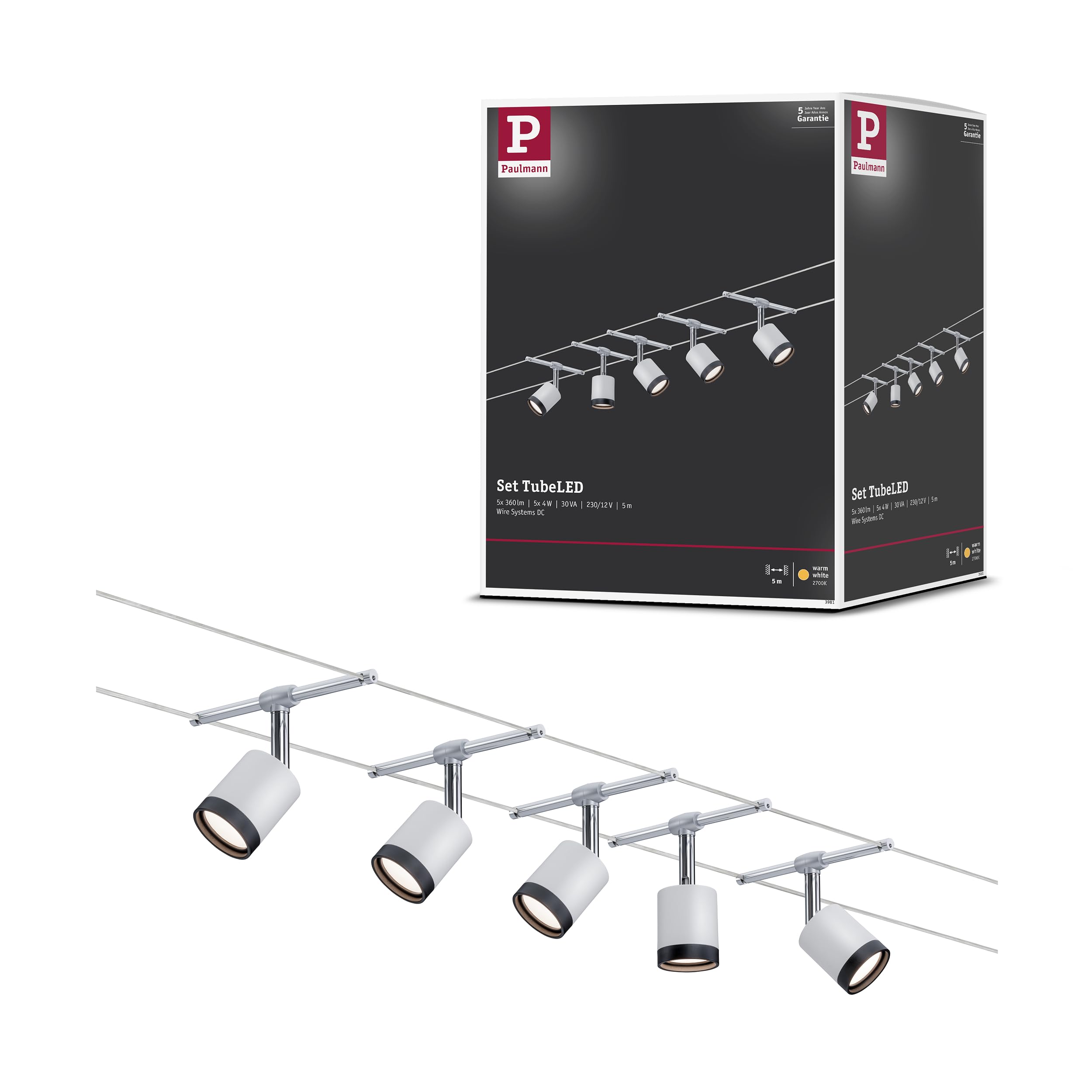 Paulmann 3981 TubeLED Wire System Spot Lights - Tension Wire Lighting w/ 5 Pendant Lights - Modern & Energy Efficient Warm White Ceiling Lights in Plastic White/Chrome 2700k 230/12V LED Hanging Lights