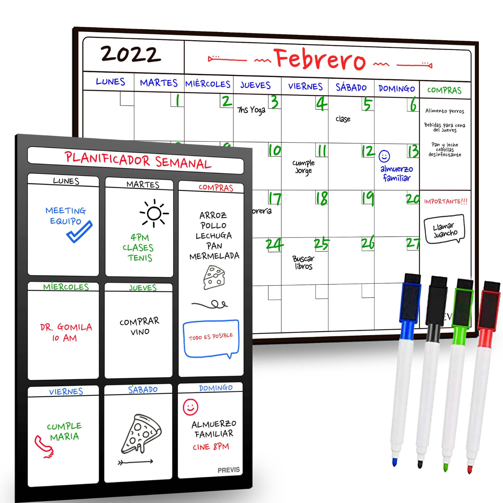Previs A3 Monthly Magnetic Calendar Pack + A3 Weekly Magnetic Weekly Fridge Planner Organiser - Agenda, Menu, Shopping, Routine, Study, Tasks, Work