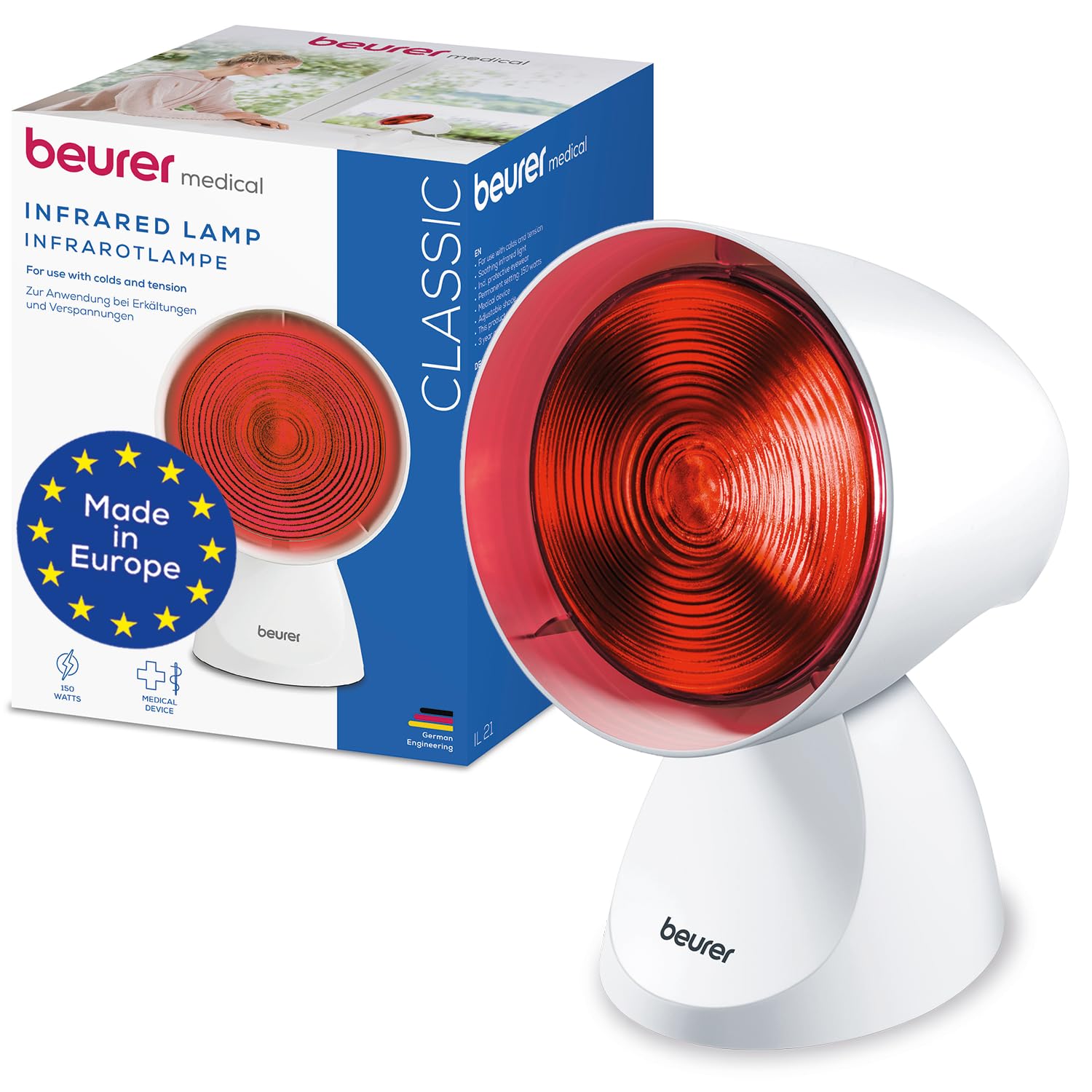 Beurer IL21 Infrared Heat Lamp | Warm and soothing infrared light | Helps ease muscle aches and joint stiffness | Speed recovery from the common cold | Improve complexion | With 5 angles of inclinatio