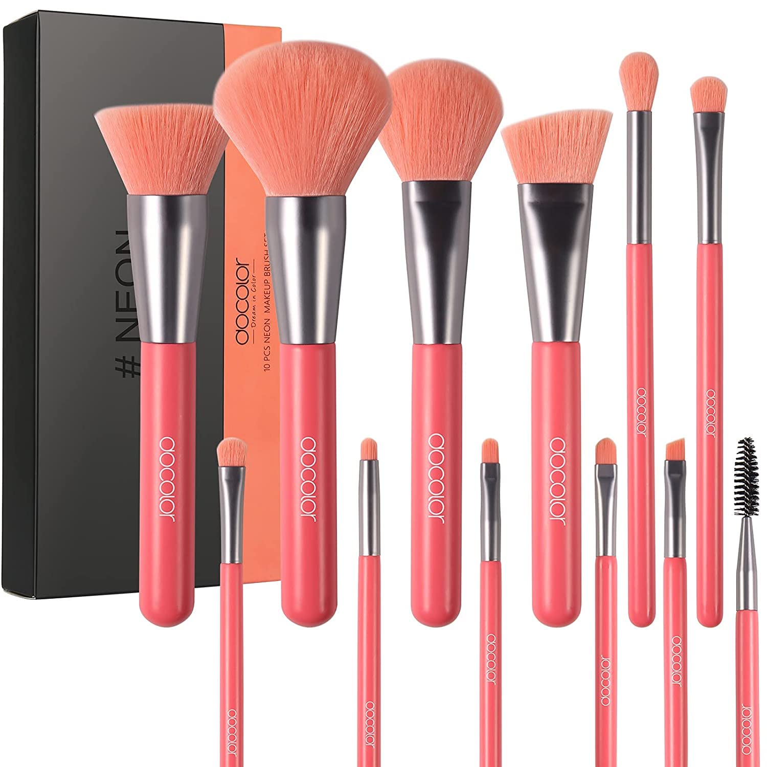 docolor Makeup Brushes 10Pcs Makeup Brush Set Premium Synthetic Wood Handle Make Up Brushes for Powder Kabuki Foundation Contour Concealer Eye Shadow Blending Liner，Neon Peach