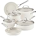 KitchenAid Hard Anodized Ceramic Nonstick Pots and Pans Set with Saucepans, Frying Pans, Stockpot, and Lids, 10 Piece Non Stick Cookware Set with Stainless Steel Handles - Porcelain White