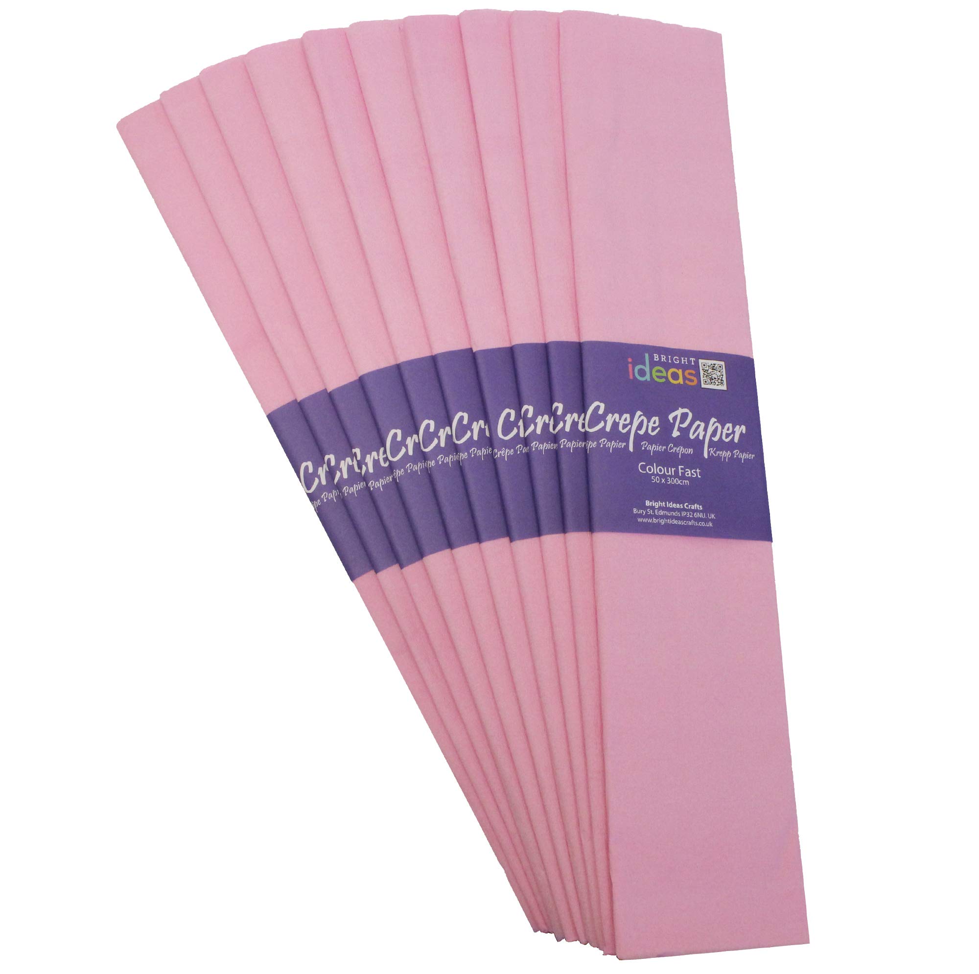 Bright Ideas Crepe Paper Sheets – Light Pink. Sheet Size: 50cm x 3m, Pack of 10 Folds. 17gsm, 40% Stretch, Colourfast and Acid Free. Ideal for Flower Making, Gift Wrapping and Arts & Crafts.