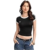 SHENHE Women's Colorblock Bow Graphic Tees Short Sleeve Crew Neck Fitted Summer T Shirts