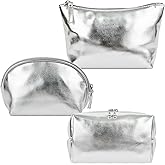 Kornnapa 3pcs Make up Bag Set Travel Makeup Bags for Women Leather Cosmetic Bag Toiletry Organizer Bag Personalized Makeup Pouch Skincare Bag Silver