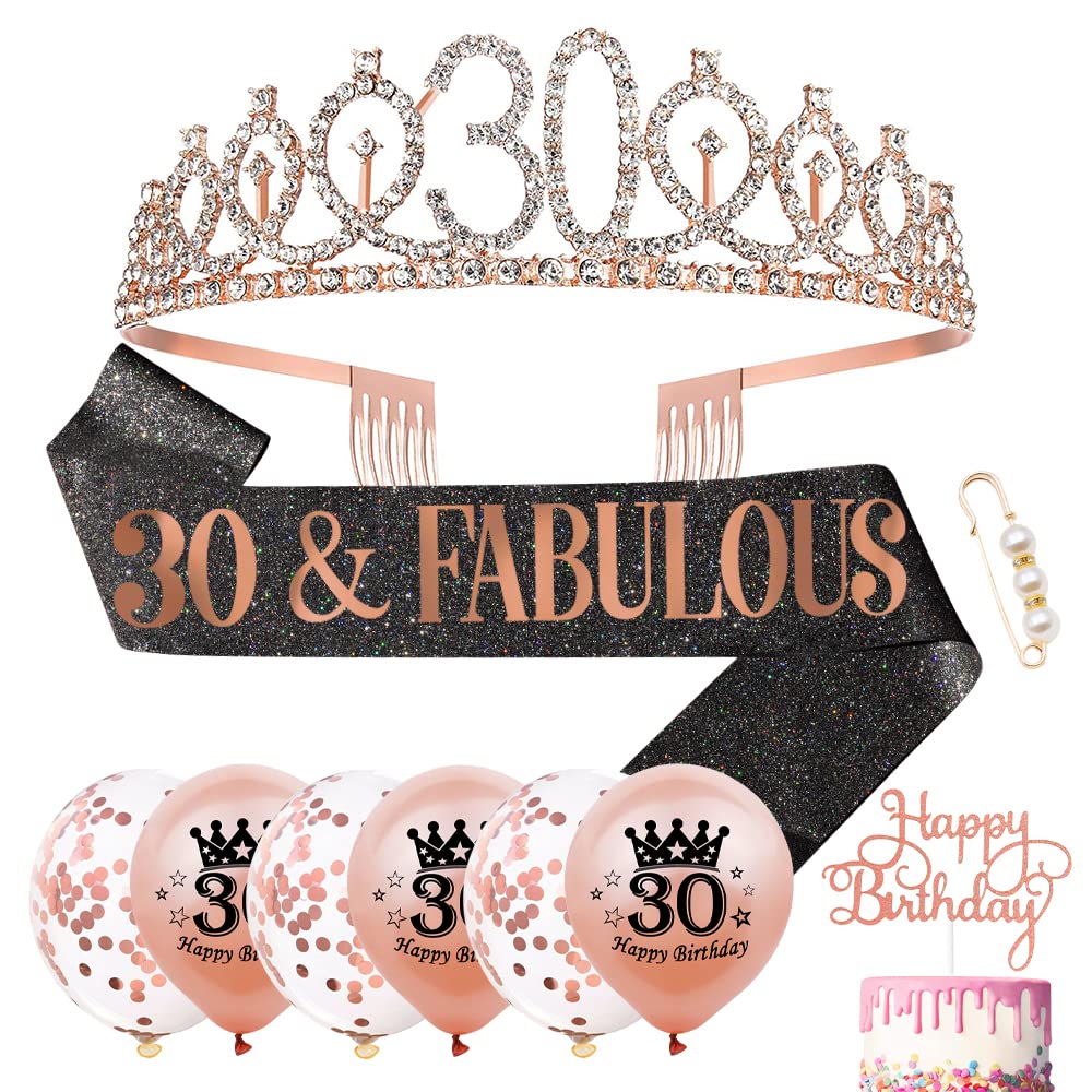 Heyu-Lotus 30th Birthday Sash and Tiara Rose Gold 30 & Fabulous Sash Rhinestone Crown Balloons Cake Topper for Women 30th Birthday Decorations Gifts Party Supplies