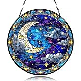 Moon Suncatcher Stained Glass Window Hanging Decor-Celestial Night Sky Design for Indoor Windows, Bedroom or Living Room, Unique Gift for Women, Housewarming, New Home and Spiritual Space Decoration