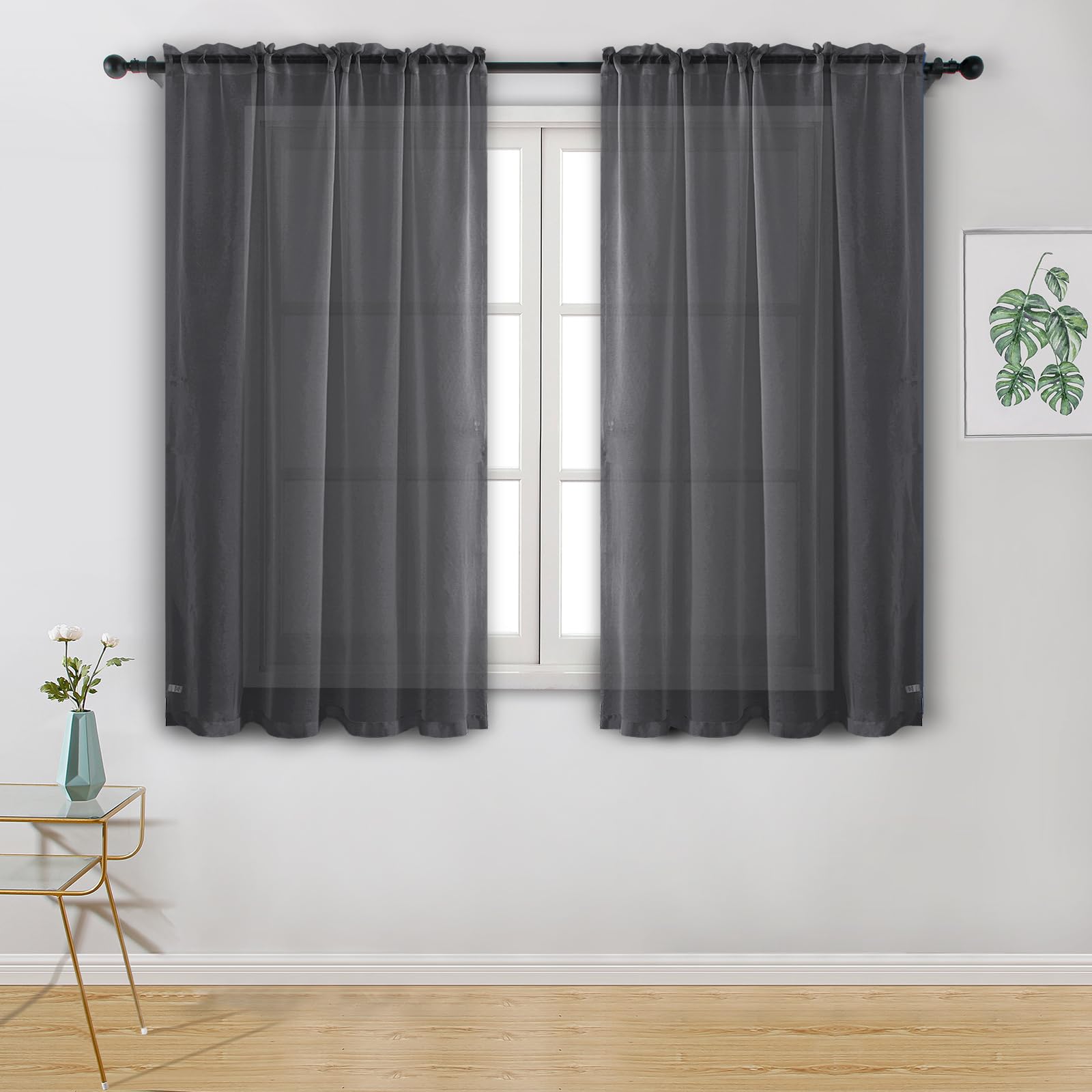 Hiasan Voile Curtain Gery Curtains for Bedroom Net Curtains for Window Sheer Curtains for Living Room With Tiebacks 55 X 57 Inch drop 2 Panels Rod Pocket Top