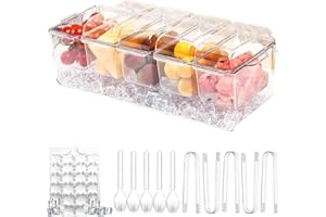 Chilled Condiment Tray Server with Individual Lids Clear Ice Condiment Caddy for Mimosa Bar, Party -with 20 Ice Cube Bags + 5