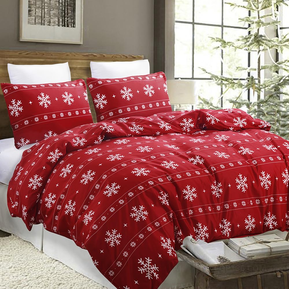 YEPINS Soft Christmas Bedding Duvet Cover Set for Christmas New Year Holidays, Snowflake Reindeer Striped Pattern Design, Red Colour- Brushed Microfiber Double Size Quilt Cover Set