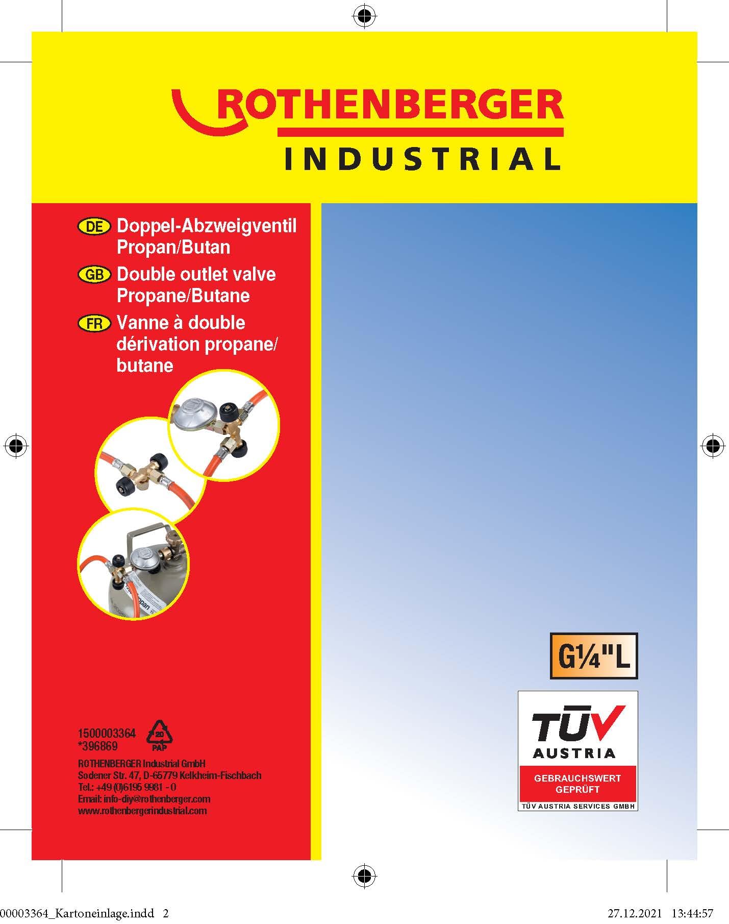 ROTHENBERGER Industrial Doppel-Abzweig Ventil Propan/Butan ; Gasregler; Konstantregler; Regler; Betrieb von 2 Geräten mit nur einem Propan-Konstant-Regler ; 1500003364 6