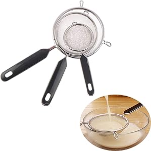 37YIMU Set of 3 Stainless Steel Kitchen Fine Strainers, Professional Sieve Colander with Long Handle, Small Medium Large Size for Kitchen, Cooking, Food Vegetable Fruit Preparation