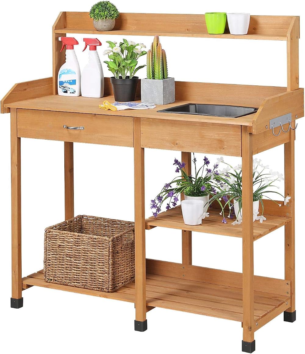 Yaheetech Garden Potting Table Wood Potting Bench with Removable Sink