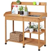 Yaheetech Potting Bench with Sink &amp; Drawer, Outdoor Gardening Table, Wood | Fir Wood Planting Table with 132 lb Weight Capacity, Basin, Storage Drawer, Shelves and Hooks Keeps Pots and Tools Organized.
