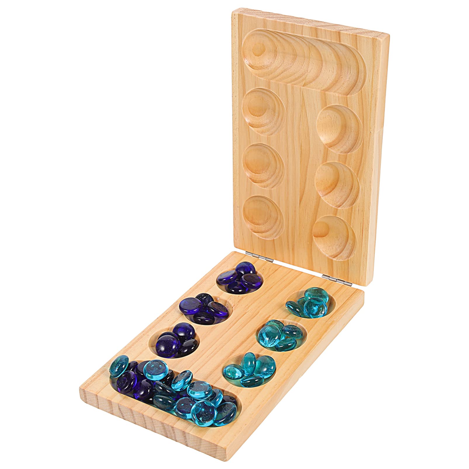 TOYANDONA Mancala Board Game Toy Set: Marble Game with Wood Board Color Glass Stones Storage Bag Hardwood Folding Game Board for the Whole Family