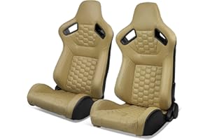IKON MOTORSPORTS, Universal Racing Seats with Dual Sliders, Reclinable Beige PU + Carbon Leather with Hexagonal Quilting Sport Bucket Seats, 1 Pair Driver + Passenger Side