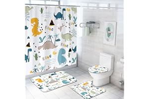 Coxila Cartoon Dinosaur Shower Curtain Set Kids Colorful Cute Funny Dino Animal Pattern for Children Toilet Lid Cover U Shaped Bath Mat 4 Pcs Decor Bathroom Non-Slip Rug Fabric Polyester 60x72 Inch