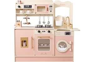 PHGLL Play Kitchen for Kids Toddlers,Wooden Play Kitchen with Realistic Play Cakes, Ice Machine, Bread Maker, Toy Kitchen Set with Plenty of Play Features, Gift for Kids Ages 3+, Pink