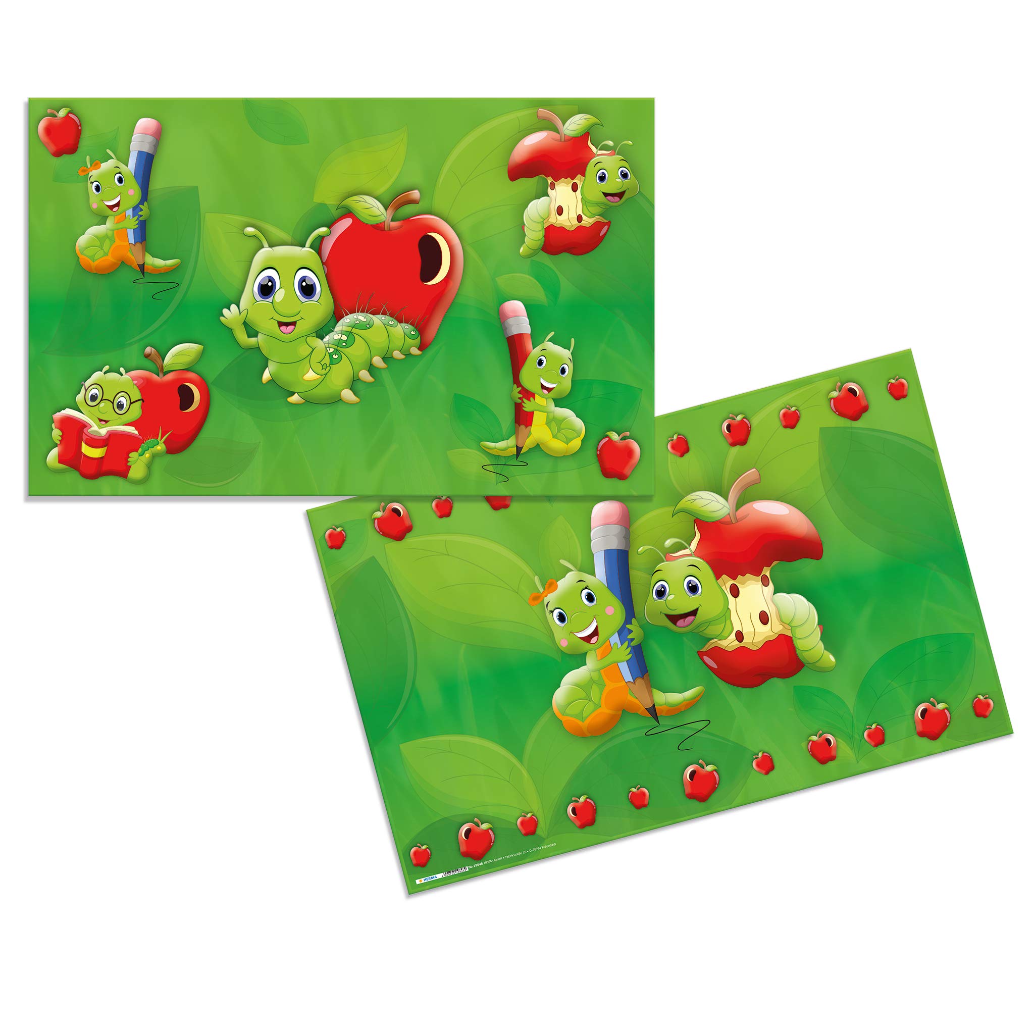 HERMA 19648 Desk Mat Kindergarten Fritz der Wurm, Wipe-Clean Children's Desk Mat Made of Cardboard, 55 x 35 cm, Double-Sided Motif Table Mat for Girls and Boys