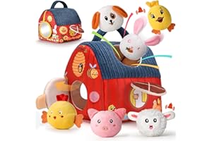 ALSATIC Baby Toys 6-12 Months - Soft Barn Playset with 6 Stuffed Farm Animals, Rattle, Crinkle Paper, Mirror - Montessori Toys 6 Month Old Babies, Sensory Infant Toy for Toddlers, 1 Year Old Boy Girl Gifts